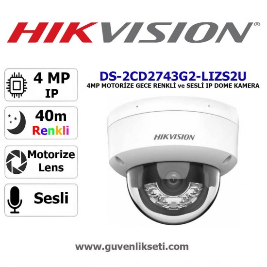 Hikvision DS-2CD2743G2-LIZS2U 4mp Motorize Gece Renkli ve Sesli ip Dome Kamera Hikvision DS-2CD2743G2-LIZS2U 4MP motorize lensli 40 metre gece görüşlü sesli dome güvenlik kamerası